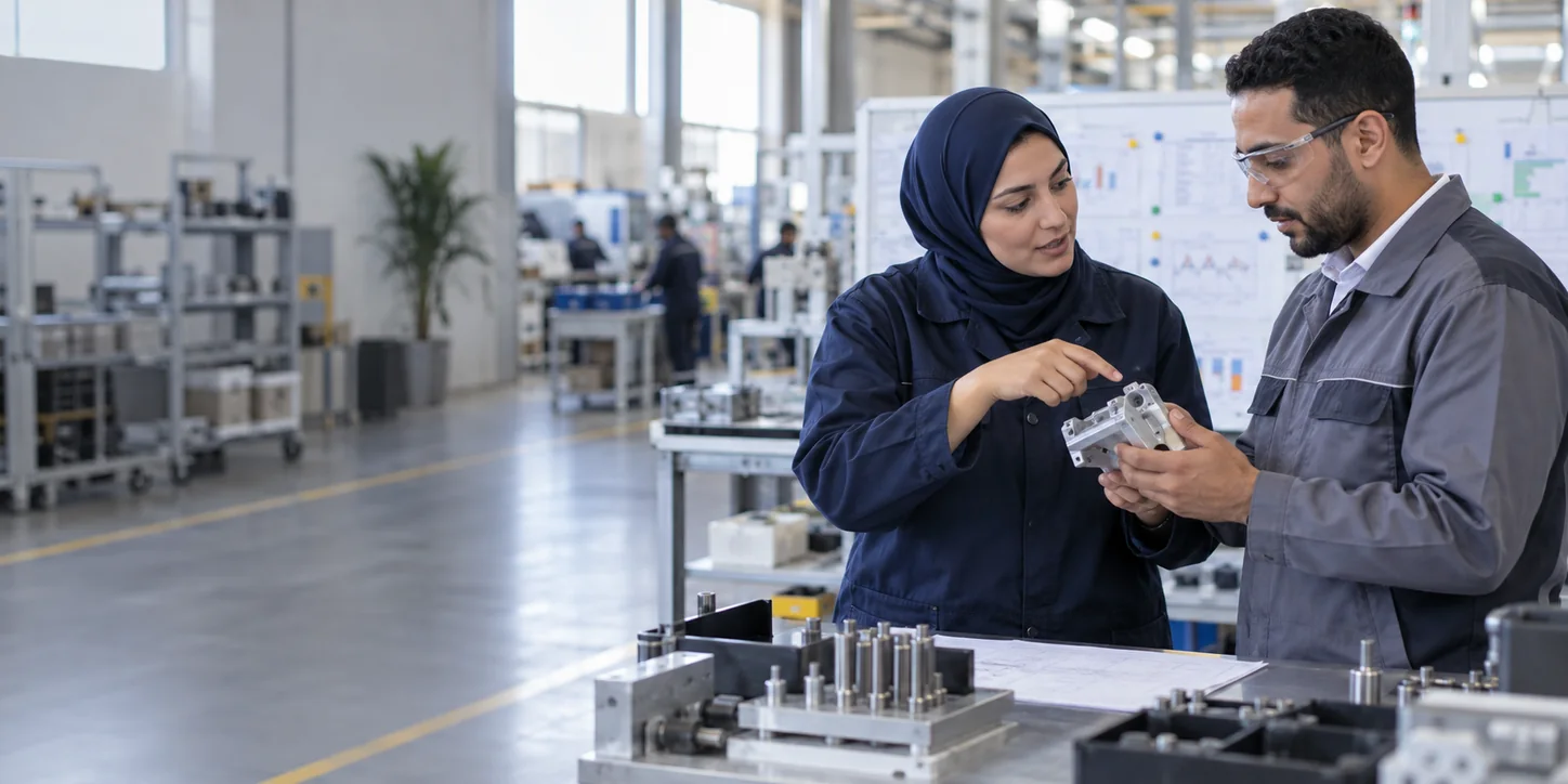 Deux professionnels d’atelier analysent ensemble une pièce de production