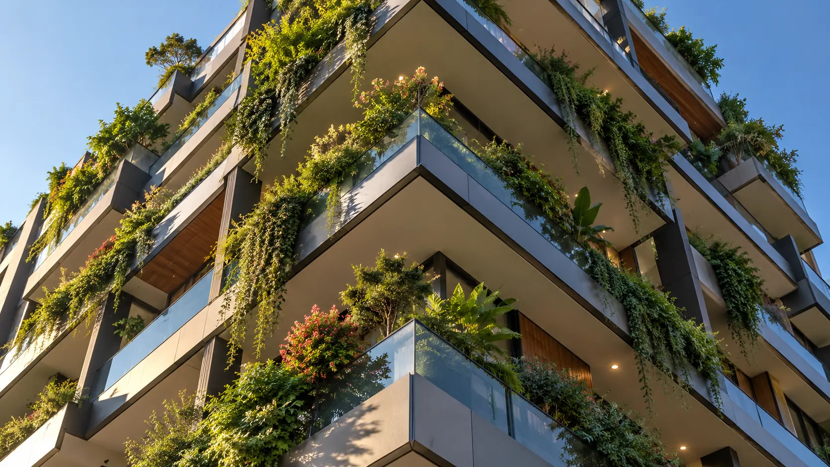 Immeuble contemporain végétalisé avec des balcons plantés